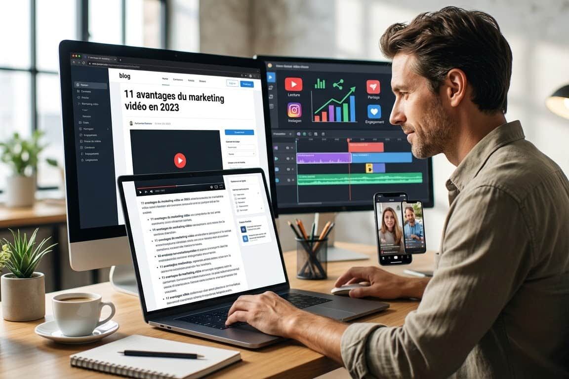 Un entrepreneur de profil, assis à son bureau en bois, rédige un article sur un ordinateur portable intitulé